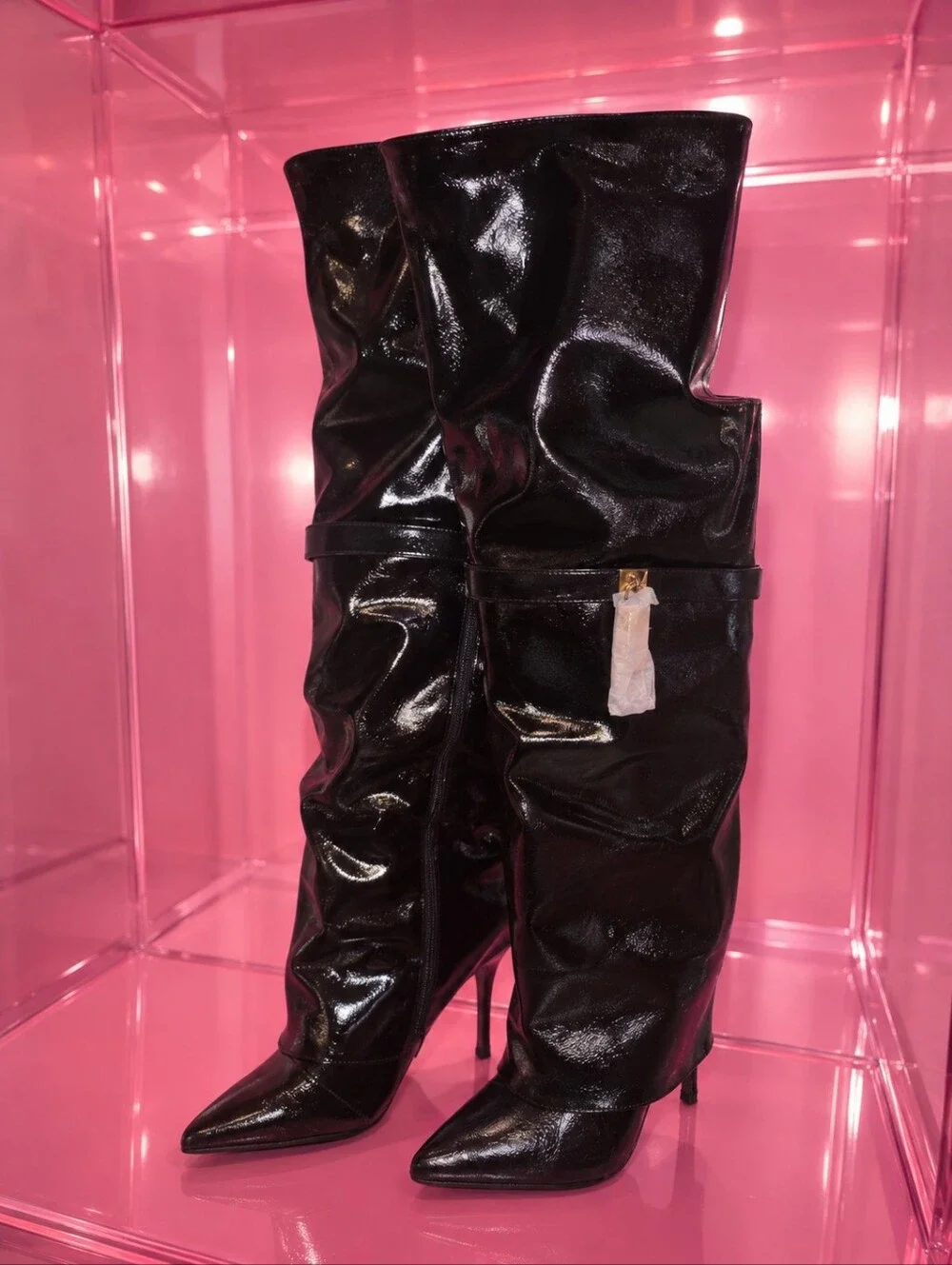 Black Patent Slouch Knee-High Stiletto Boots